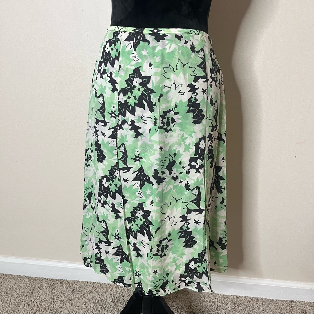 Escada Women’s Green Black White Silk A~Line Layered Silk Split Midi Skirt 36/S